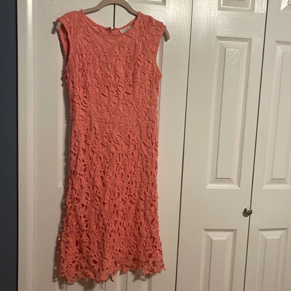 NWOT New York & Company sleeveless lace overlay salmon pink dress size 2